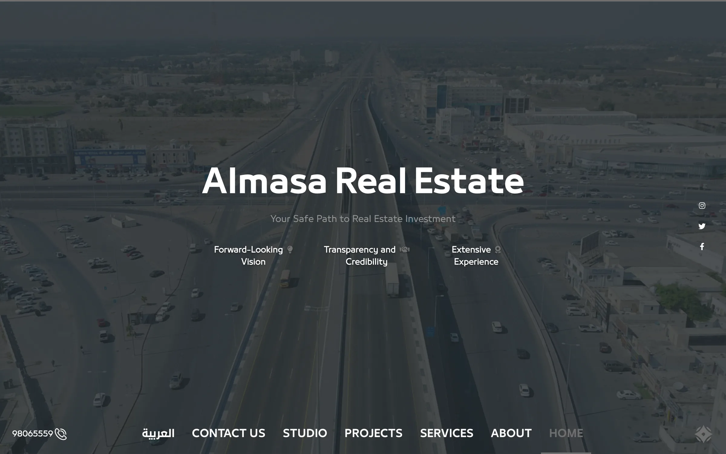 The same Al Masa homepage in its English version, with the navigation and value points translated